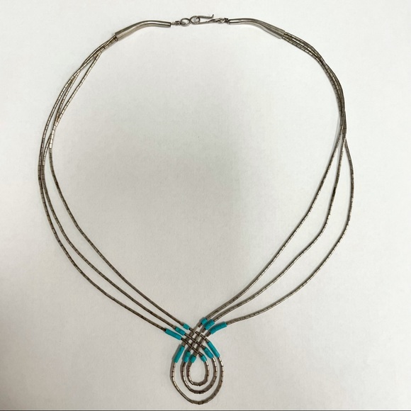 Native Liquid Silver And Turquoise Necklace - Picture 3 of 5